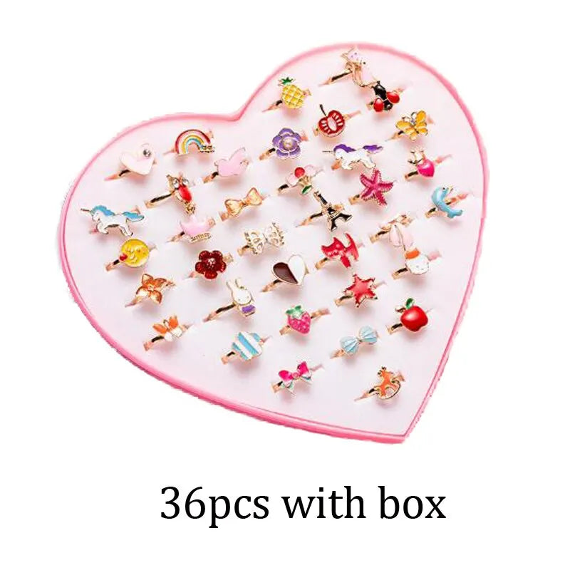 Cute Adjustable Rings for Children Girls Pretend Play Makeup Toys Cartoon Crystal Jewelry Alloy Animal Enamel Ring Gift for Girl