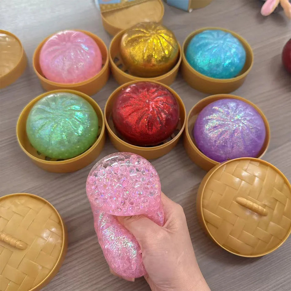 Glitter Dumpling Squishy Toy with Box Dumpling Sensory Squeeze Stress Relief Glitter Dough Gift for Adults And Kids