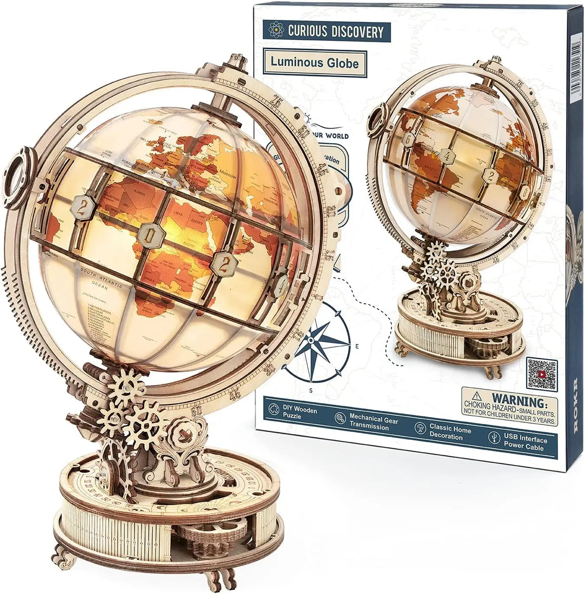ROKR Wooden 3D Puzzle Toys - Luminous Globe Mechanical Model Building Kit Glow-in-the-Dark Globe 3D Puzzle Set Educational Toy Gift for Teens Adults