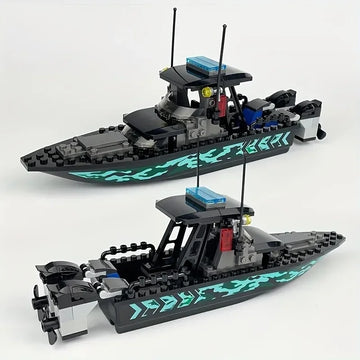 89pcs City Police Moc SWAT Black Camouflage Sea Speedboat Assault Boat Model, Small Puzzle Building Block Toy Accessories