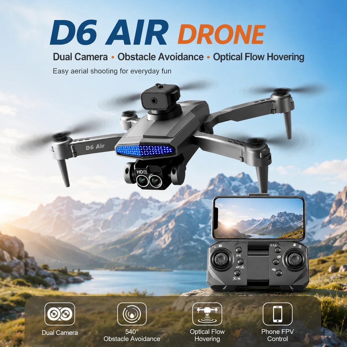 ZNLYRION D6 Air Foldable RC Drone 4K Dual Camera WiFi FPV Quadcopter with Optical Flow Hovering 540° Obstacle Avoidance 50X Zoom 2.4GHz 4CH Remote Control Drone with Storage Bag