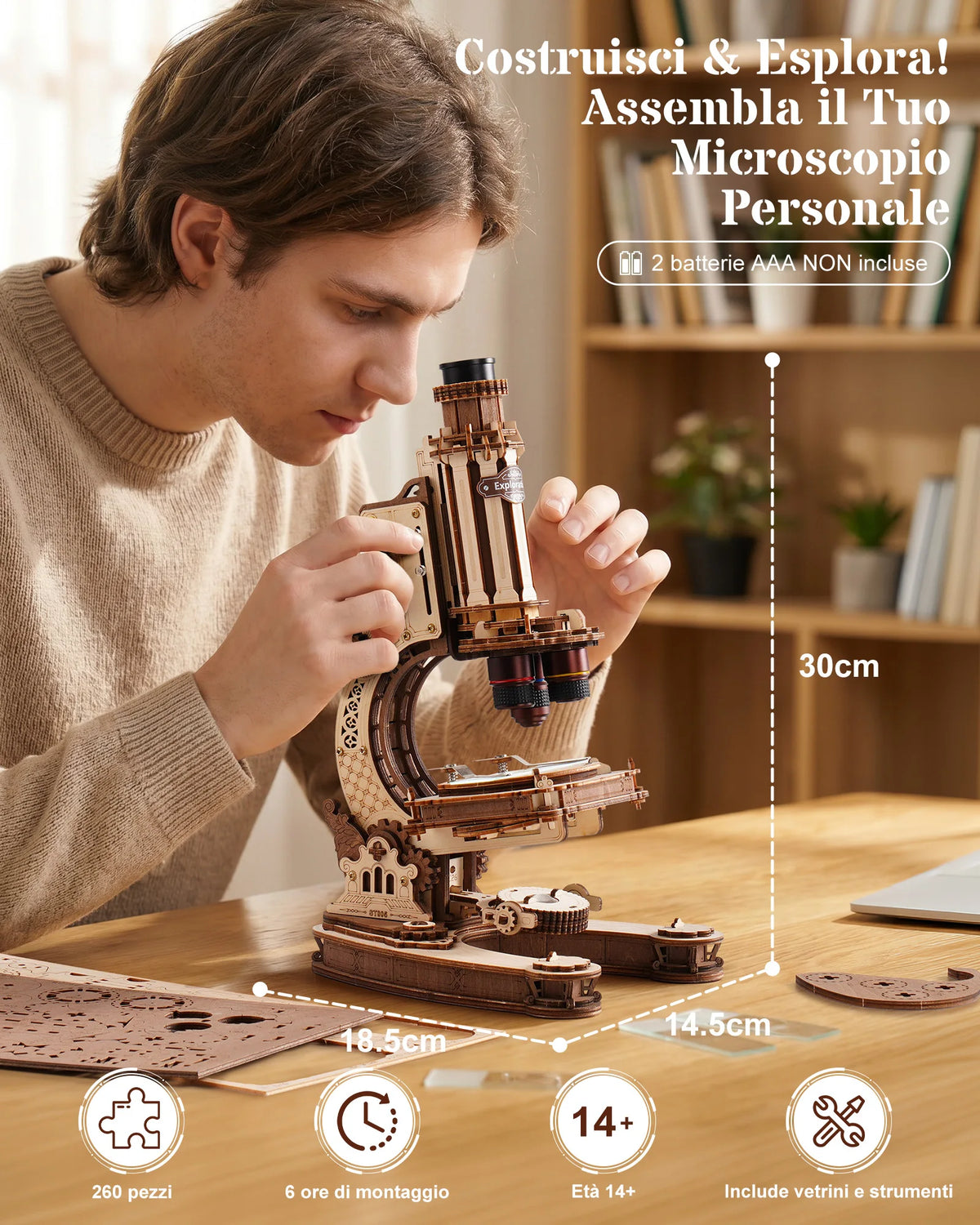 ROKR 3D Wooden Puzzle Real Optical Microscope STEM Science Toy 40X-400X Magnification Model Building Kit Birthday Gift for Students & Adults