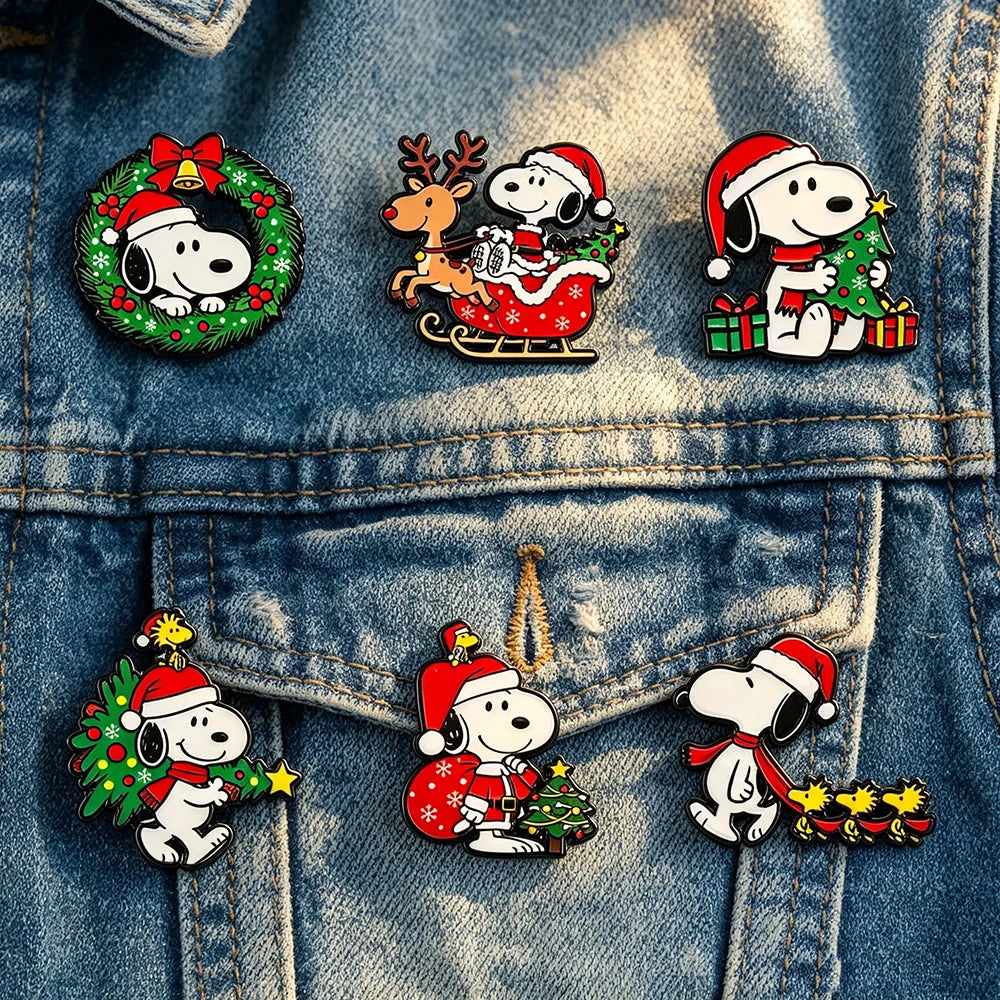 6pcs Christmas Cartoon Puppy Dog Enamel Pins Set Holiday Xmas Tree Santa Hat Collectible Brooches Decorative Gift Pins