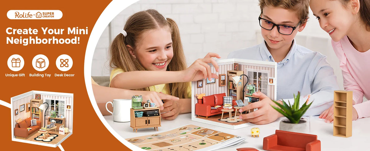 Rolife DIY Miniature House Kit Cozy Living Lounge Super Creator Dollhouse 3D Puzzle Model Building Kit with LED for Home Decor