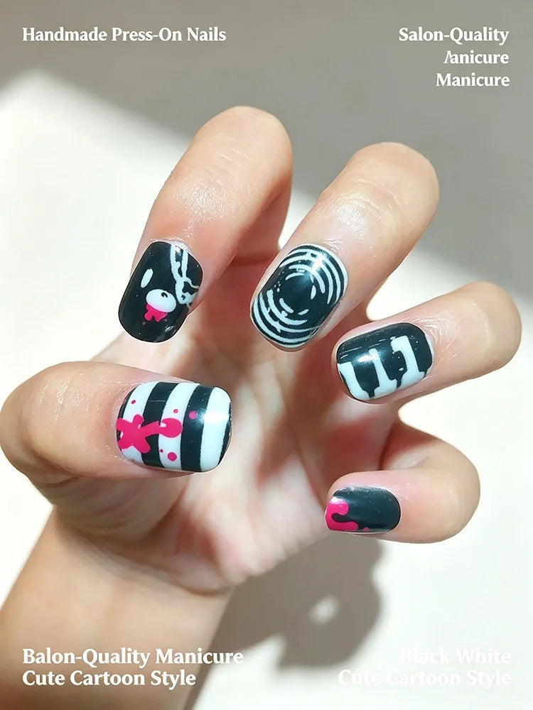 Sweet Cool Y2K Black White Contrast Press On Nails With Heart Music Note Cartoon Bear Print Unique Minority Reusable