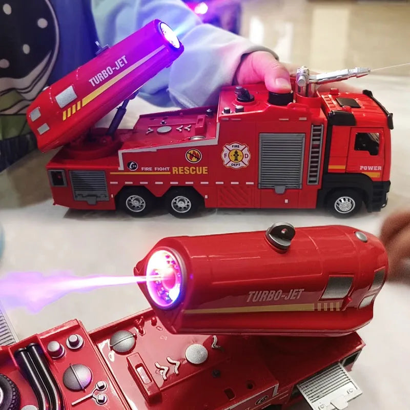 1:32 Spray Fire Truck Model Water Spray Ladder Trucks Toy Car Sound Light Pull Back Doors Opened Vehicle Collection Boys Gift