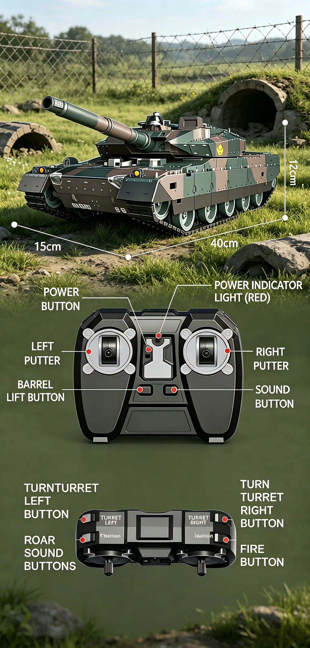 TONGLI Large RC Battle Tank Tracked Off-Road Vehicle, Rechargeable Battery, Multi-Channel Control, Turret Rotation & Elevation, Realistic Sound & Light Effects, All-Terrain Driving, Battle Interaction, Indoor & Outdoor Use, G