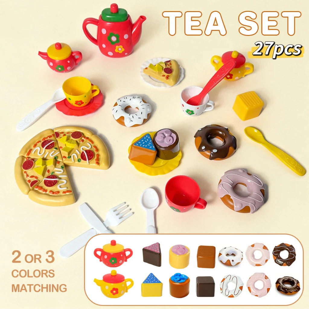 27 pieces of little girl tea party set, simulation kettle set, princess tea time toy kitchen with teapot and cup, donut pizza,