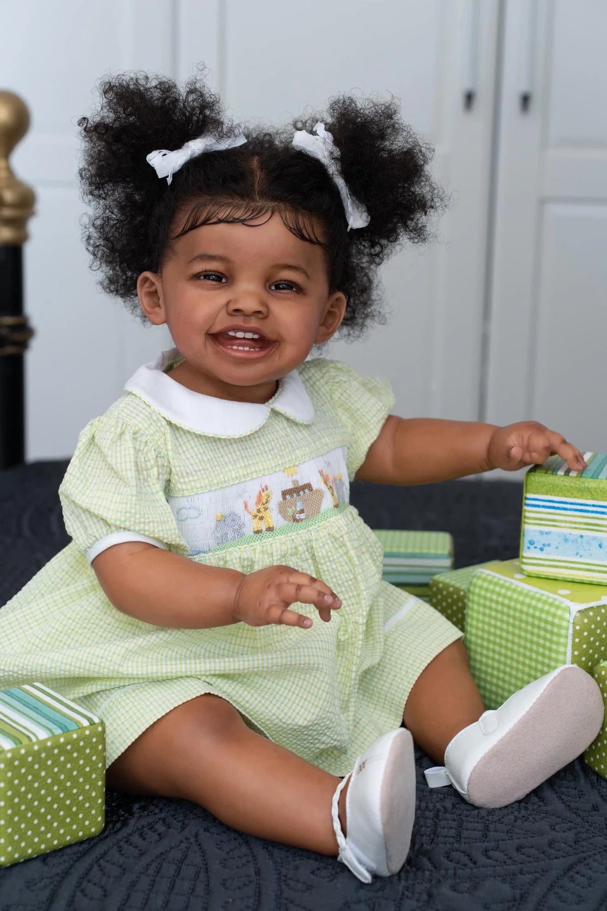 NPK 24inch Mila Dark Brown Skin Reborn Toddler Girl Doll Happy Baby Rooted Hair High Quality Collectible Art Doll