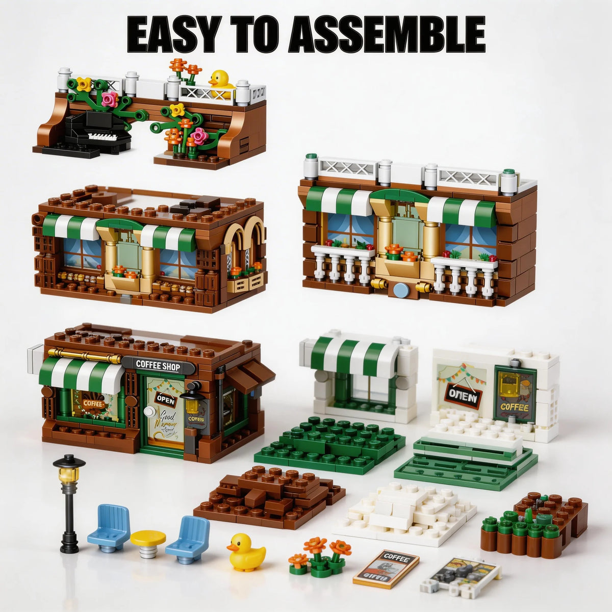 City Street View Coffee Shop Modular Building Blocks, MOC Architecture Bricks Set, DIY Town Life Model Toys for Kids & Adults