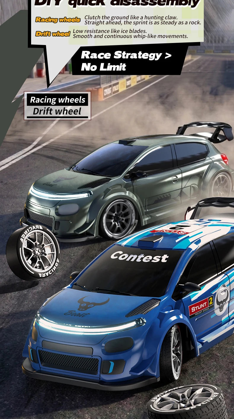 1:24 Scale 4WD Drift RC Car 2.4G Remote Pearl Finish Large Tail Fin Replaceable Racing Drift Wheel Front Rear LED Light Toy Car