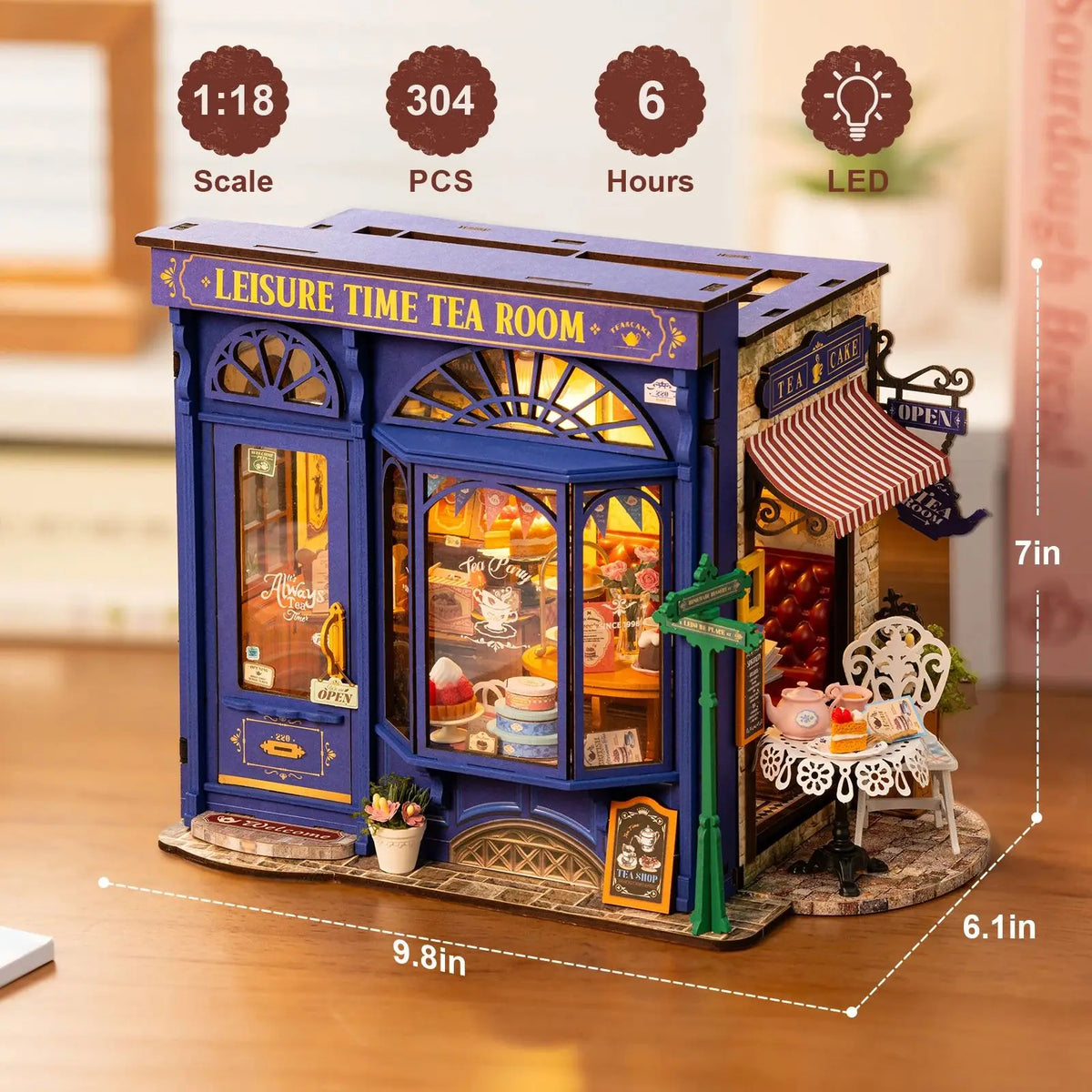 Rolife DIY Miniature House Kit Leisure Time Tea Room Mini Dollhouse Building Set with LED Wooden 3D Puzzle for Home Desk Decor