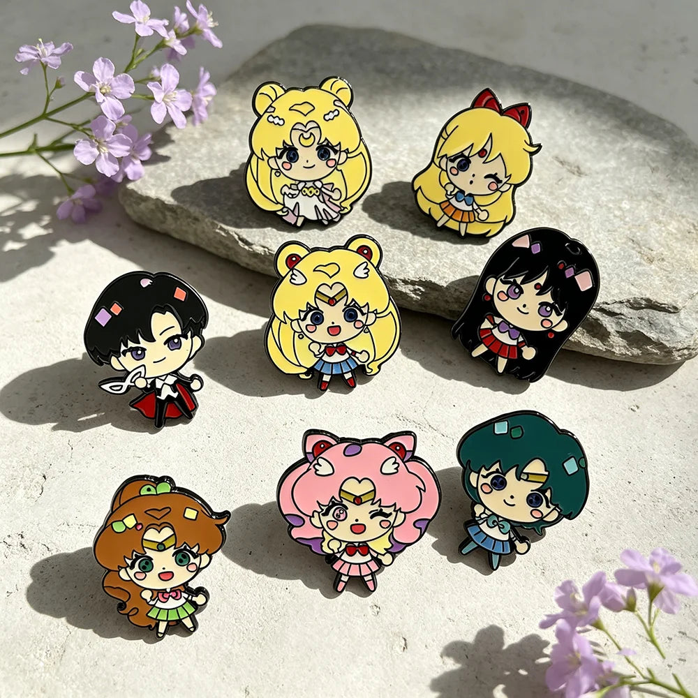 8pcs Sailor Moon Enamel Brooch Set Tsukino Usagi Cartoon Character Fashion Metal Badges Accessories for Backpacks And Clothing