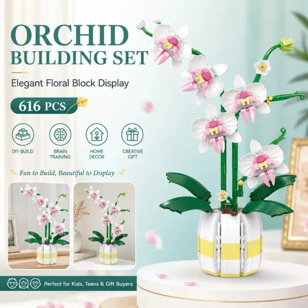 Orchid Building Blocks Flowers Bouquet Bonsai Plant Model Ornament Exquisite DIY Home Decorations Valentines Adult Child's Gifts