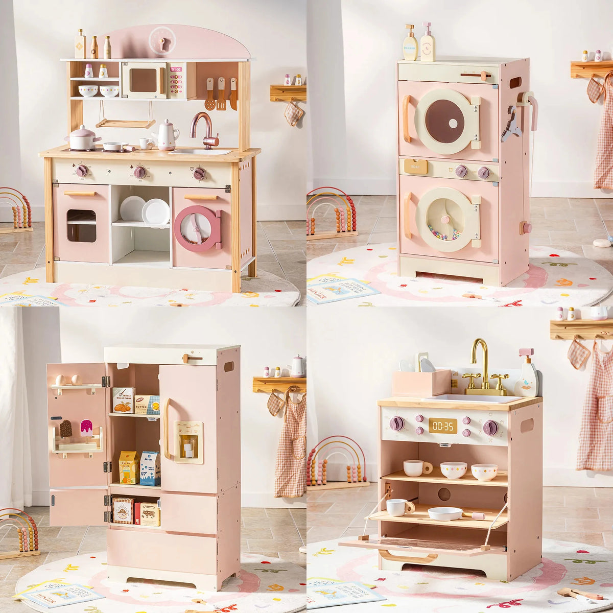 Robud Kids Wooden Pink Play Kitchen All in 1 Corner Set Includes Oven Refrigerator Washer Perfect Birthday Gift for Little Chefs