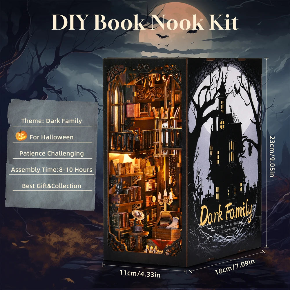 Book Nook Kit Dark Family DIY Wooden Puzzle Gothic Style Halloween Bookshelf Dollhouse Model Bookend Building Home Decoration