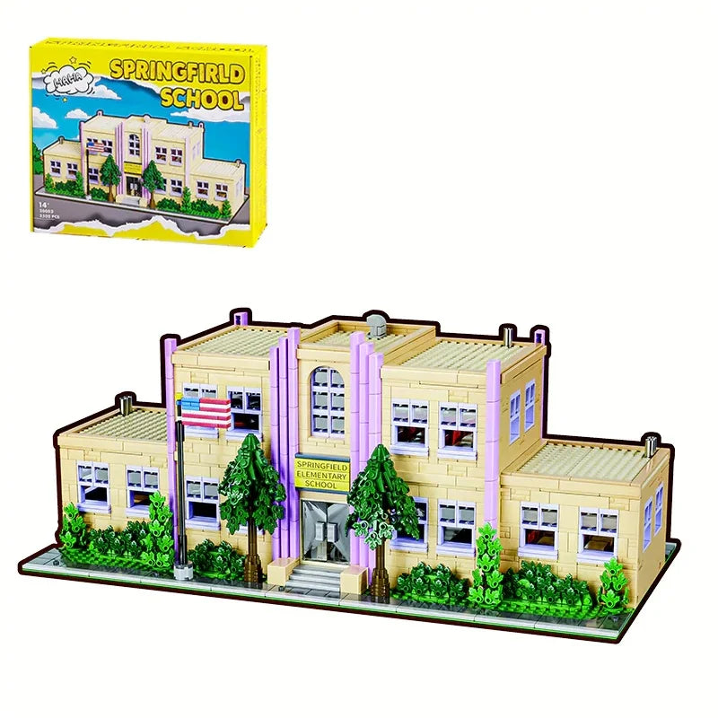 Barweer Springfield Elementary School Building Blocks Set 3500PCS Classic Anime Schoolhouse Construction Bricks Model Kit DIY Assembly Toys for Adults Ideal Birthday Holiday Gift Home Office Decoration Ornament Collection Dis
