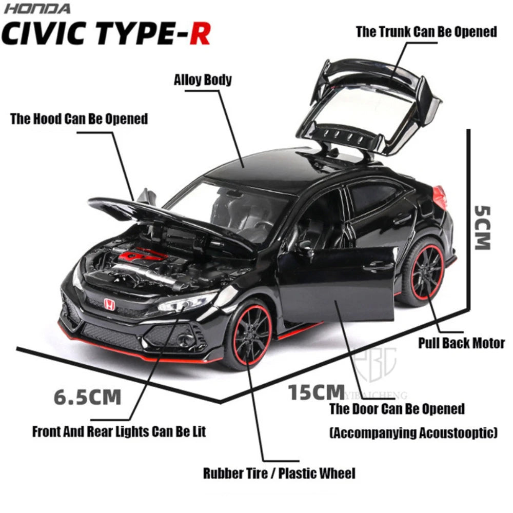 1:32 Honda CIVIC TYPE-R Alloy Diecast Toy Cars Model Simulated with Sound Light Vehicles Collection Toys Children Birthday Gifts