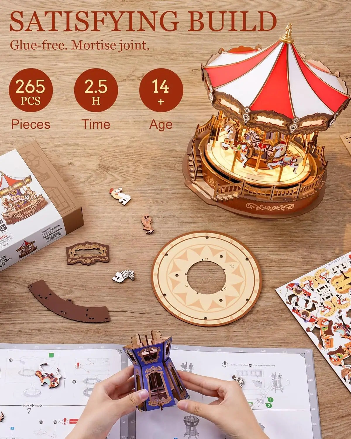 Rolife DIY Music Box Mechanical Model Building Kit Classic Carousel 3D Puzzle Toy Craft Kit with LED Light for Home Decor Gift for Adults Friends
