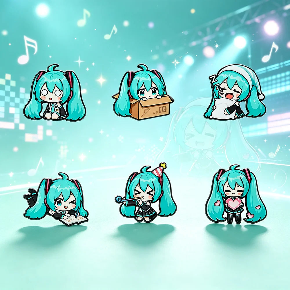 6pcs Kawaii Chibi Enamel Pin Set Multi-Pose Vocaloid Anime Brooches, Aesthetic Metal Lapel Badges for Backpack Perfect Gift