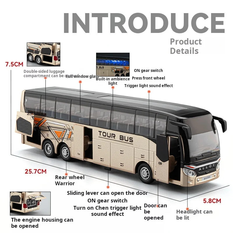 1:30 Realic Alloy Luxury Bus Simulation Tourist Bus Original Car Paint Model Car Sound and Light Durable Boys' Gift