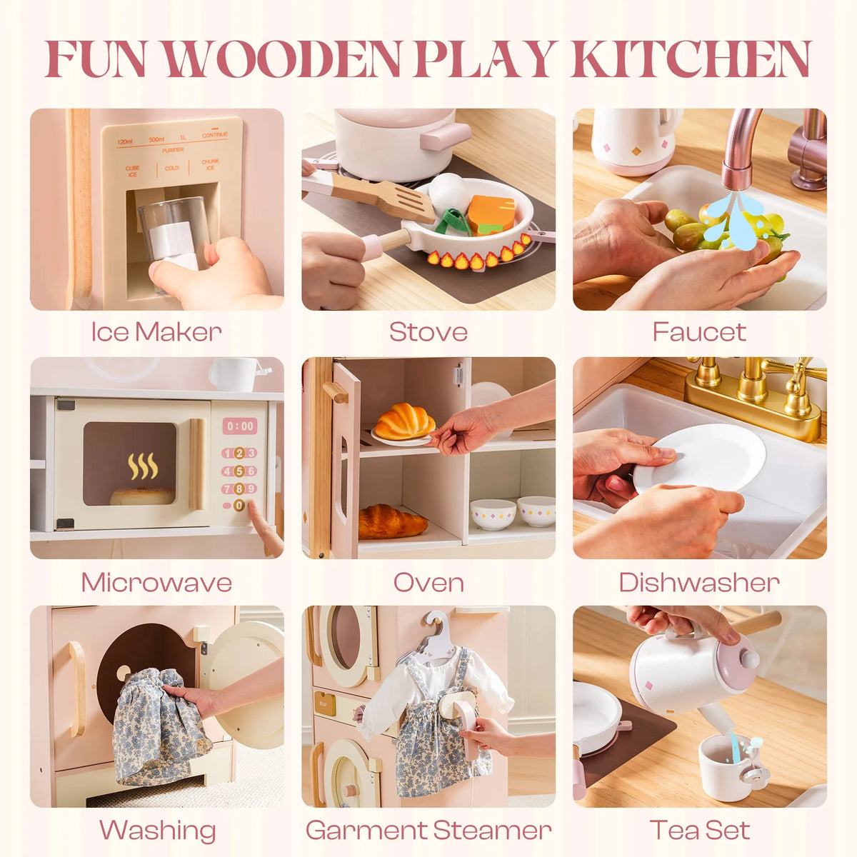 Robud Kids Wooden Pink Play Kitchen All in 1 Corner Set Includes Oven Refrigerator Washer Perfect Birthday Gift for Little Chefs