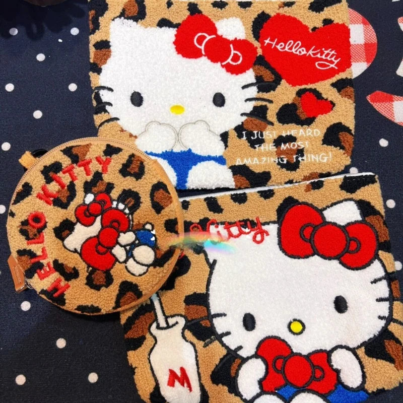 NEW Hello Kitty Leopard round Plush Storage Bag Black Leather Kitty cat Coin Wallet Makeup Travel Storage Large capacity BagGift