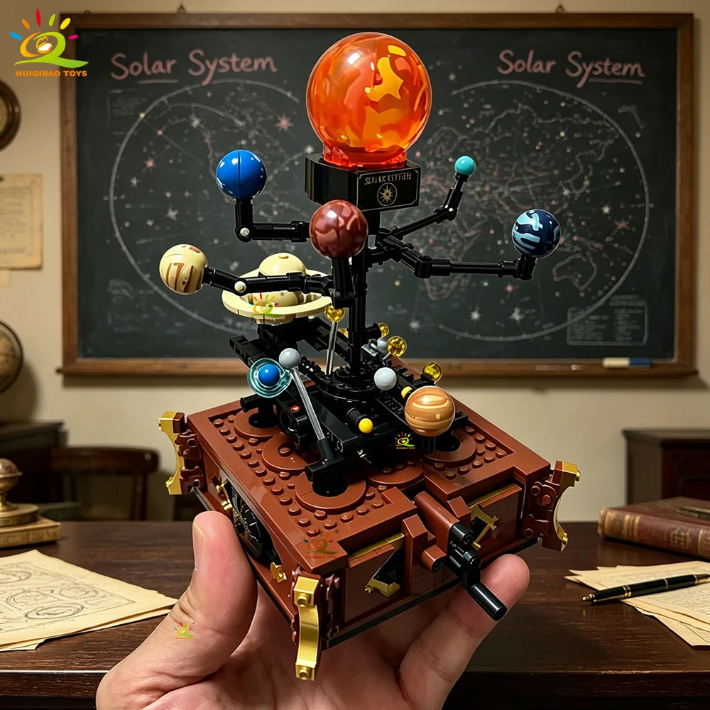 HUIQIBAO MOC Space Solar System Orbit Planet Model Small Building Block Aerospace Ornament Brick Toy For Children Desk Decor.