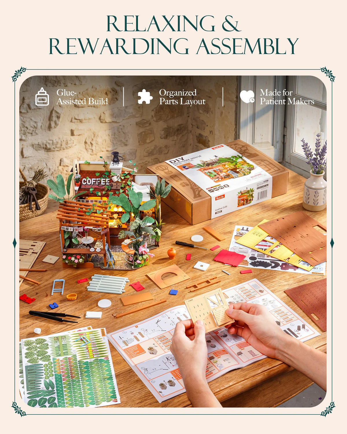 Rolife Wooden Dollhouse 3D Puzzle Leafree Café DIY Miniature House Model Building Kit with LED Light for Home Decor Brain Teasers Jigsaw DIY Craft Kit for Holiday Gift