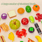 Cutting Play Food Toy for Kids Kitchen Pretend Fruit &Vegetables Accessories with Shopping Storage Basket Toy for Toddler Gift