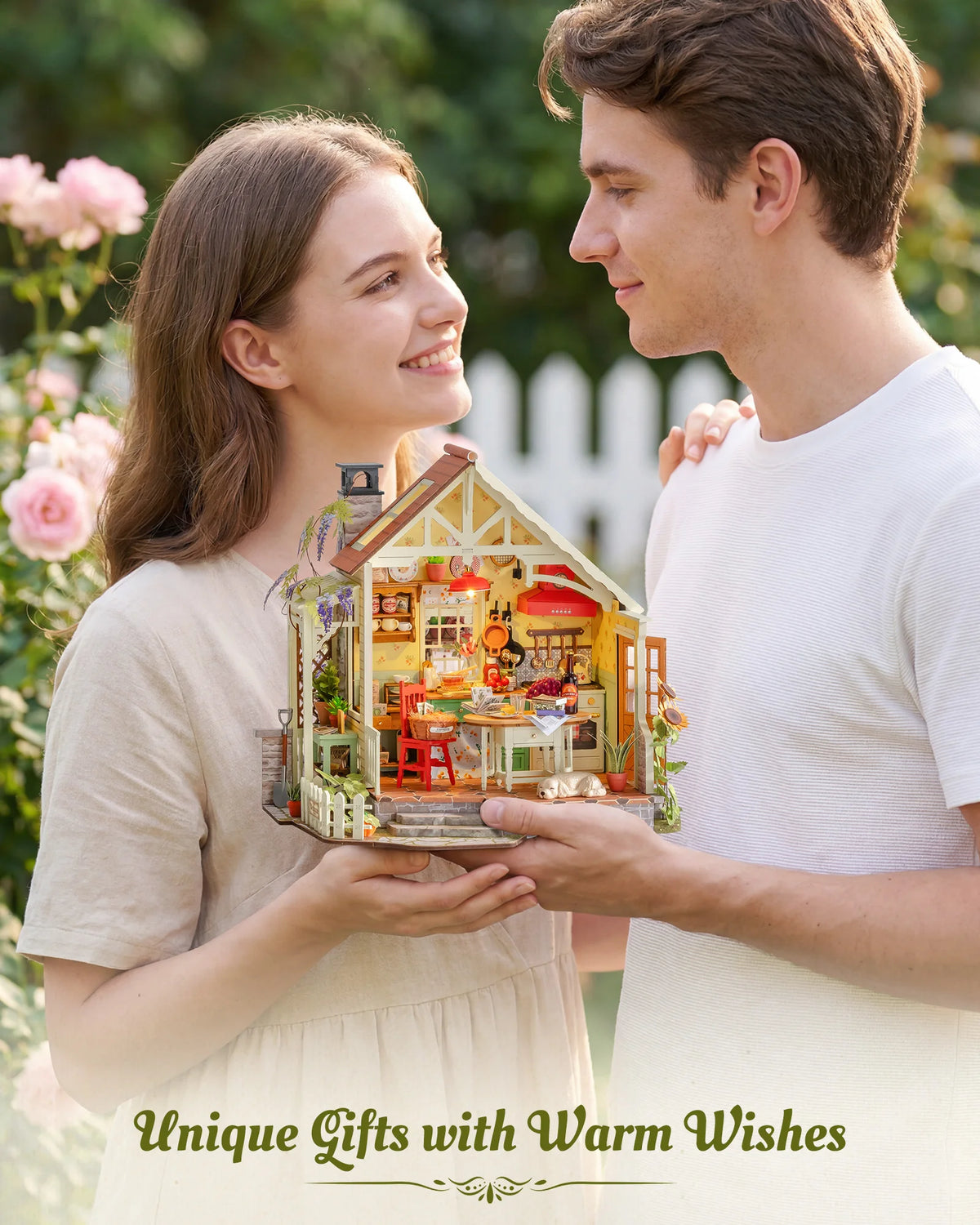 Rolife DIY Miniature House Kit 438-piece Sunlit Farmhouse Kitchen Wooden Dollhouse 3D Puzzle Tiny House Model Building Kit with LED Light Home Decor Gift for Adults Kids