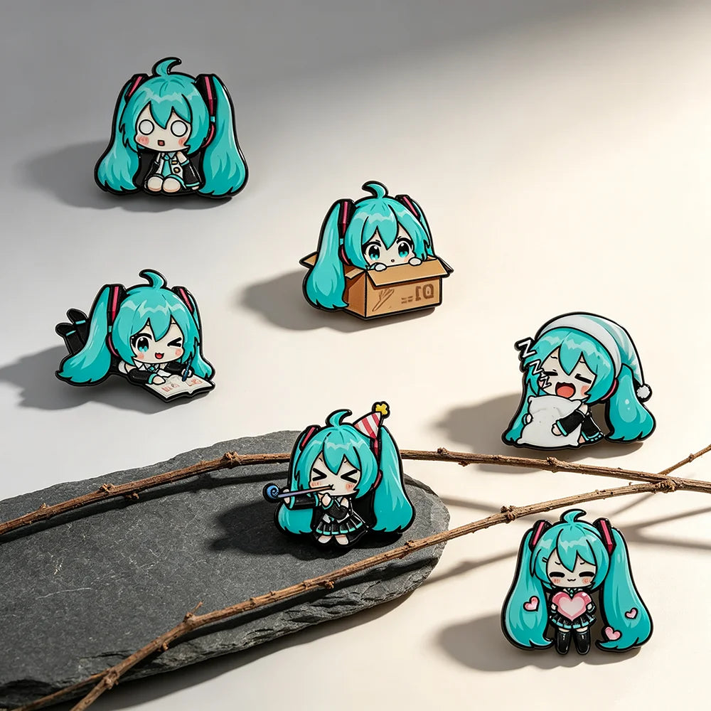 6pcs Kawaii Chibi Enamel Pin Set Multi-Pose Vocaloid Anime Brooches, Aesthetic Metal Lapel Badges for Backpack Perfect Gift