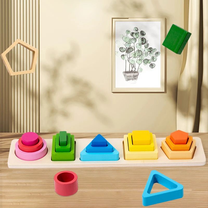 Geometric Shape Sorting Stacking Intelligence Development Blocks, Wooden Early Education Matching Toys, Color, Shape Cognition