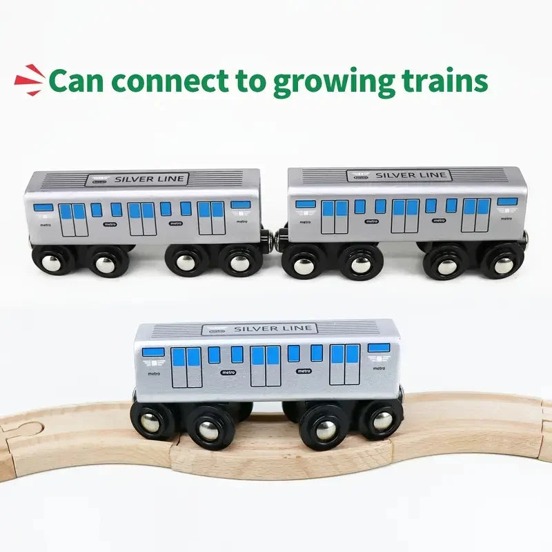 Wooden Toy Trains With Extended Silvery Body And 8-Wheel Design, Compatible With Major Wooden Train Track Brands