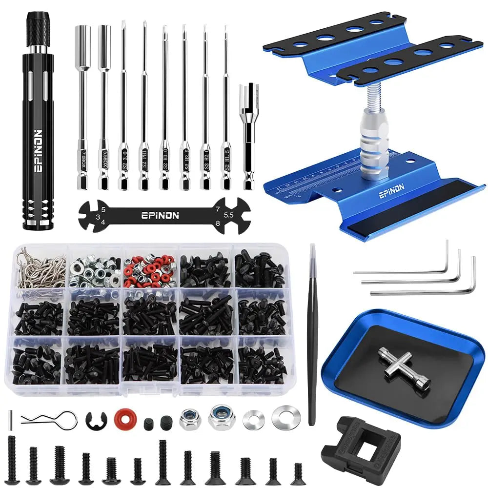 EPINON RC Car Repair Work Stand Repair Tool Set 360 Degree Rotation and 520 Pcs RC Screws Kit and RC Screwdrivers and Screws Pallet for 1/8 1/10 1/12 1/16 1/18 RC Car Crawler Truck Buggy