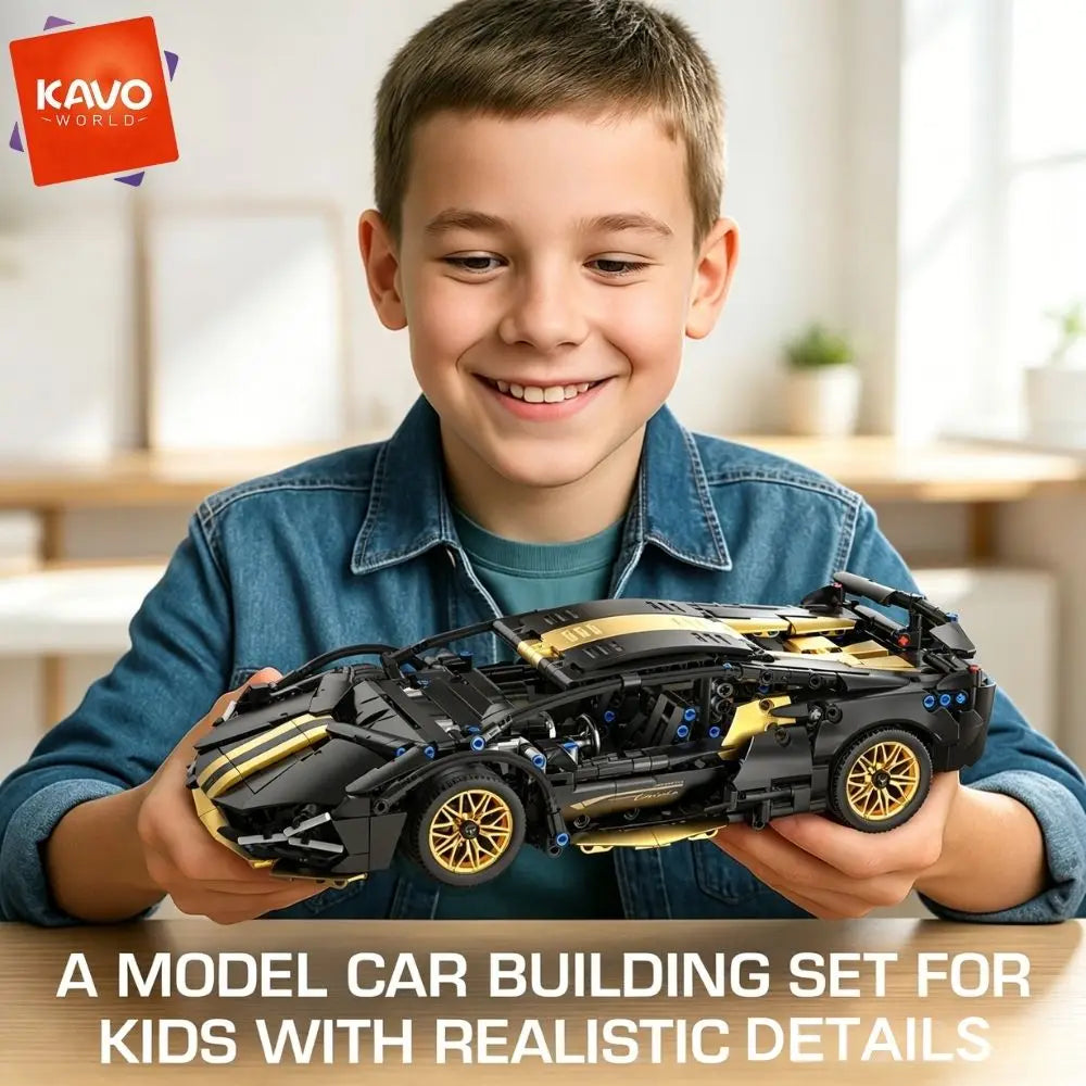 KAVOWORLD 1:14 Scale Supercar Building Blocks Set 1280PCS Black Gold Sports City Car Building Toy with Movable Tail Openable Cockpit DIY Construction Model Kit Perfect Birthday Christmas Gifts