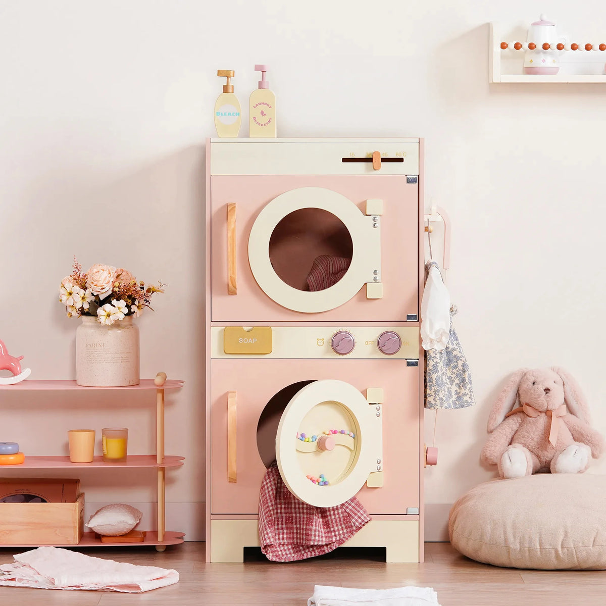 Robud Kids Wooden Pink Play Kitchen All in 1 Corner Set Includes Oven Refrigerator Washer Perfect Birthday Gift for Little Chefs
