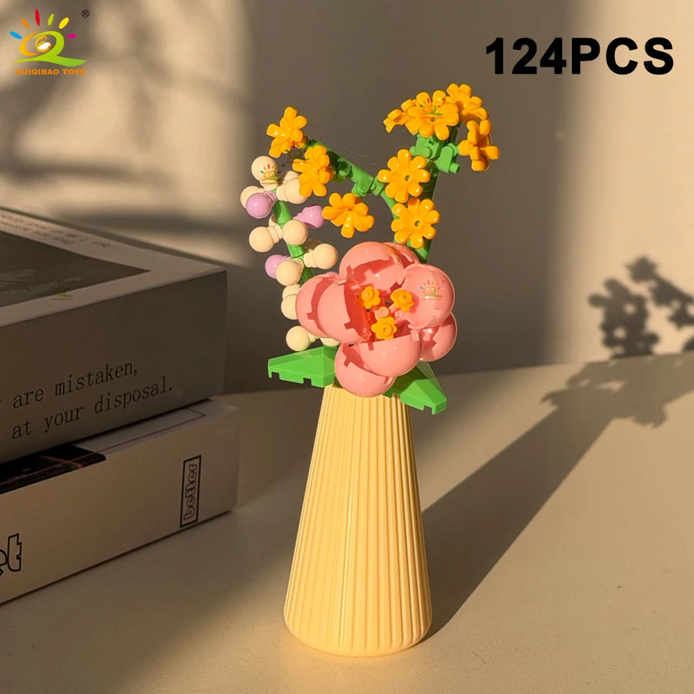 HUIQIBAO MOC Eternal Flower Bouquet with pot Micro Building Block Sunflower Rose Mini Model Brick Toy home Desk Decoration