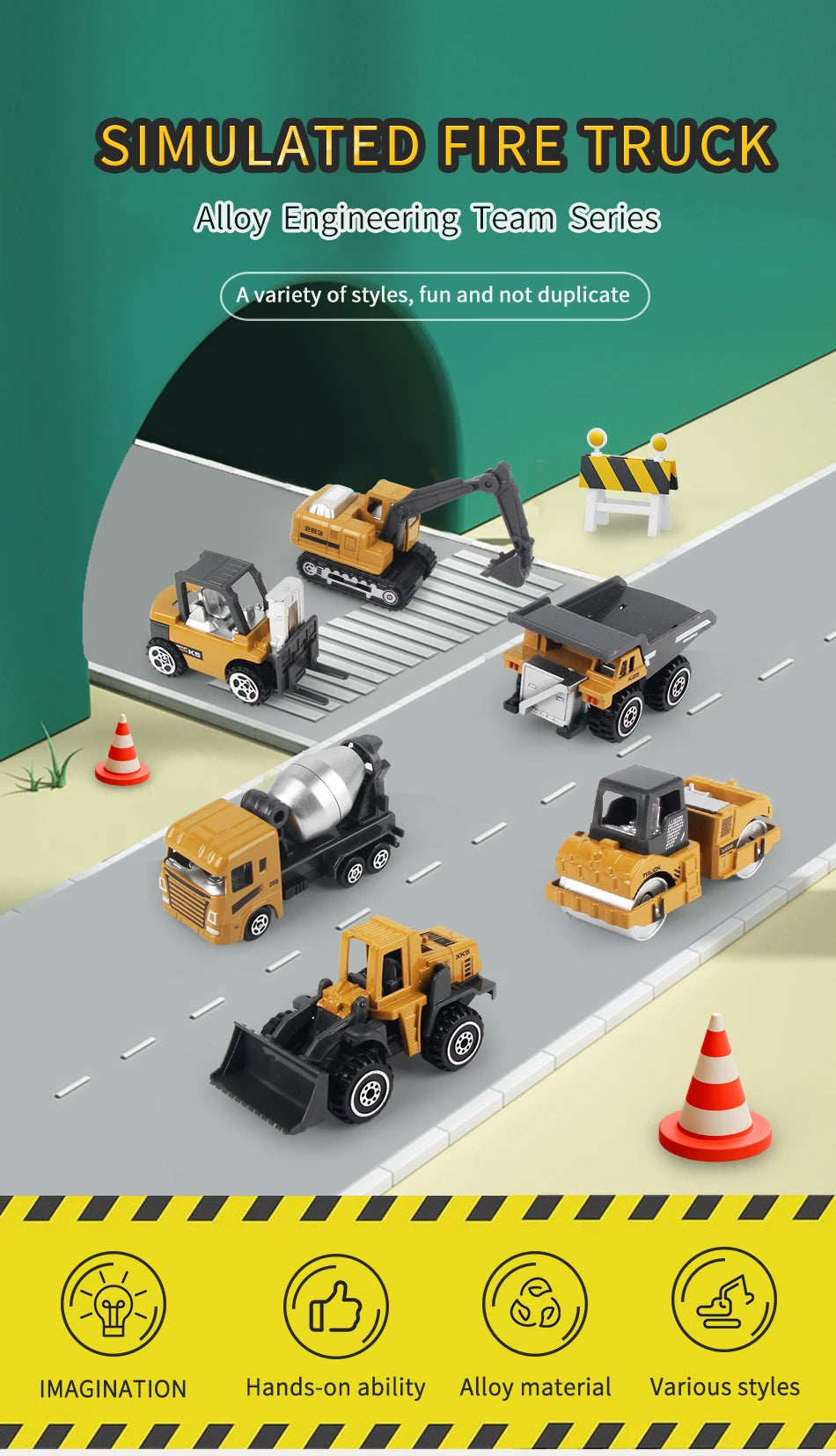 6pcs/set Alloy Engineering Truck Toy Car Classic Construction Model Vehicle Loader Tractor Excavator Toys for Boys Gifts