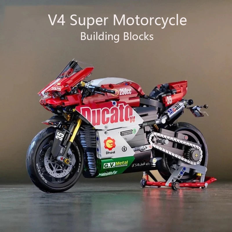 Famous V4 Motorcycle Building Blocks Set,Super Motorbike Model Kit,Technical Racing,STEM Assembled Toys Gifts For Boys And Girls
