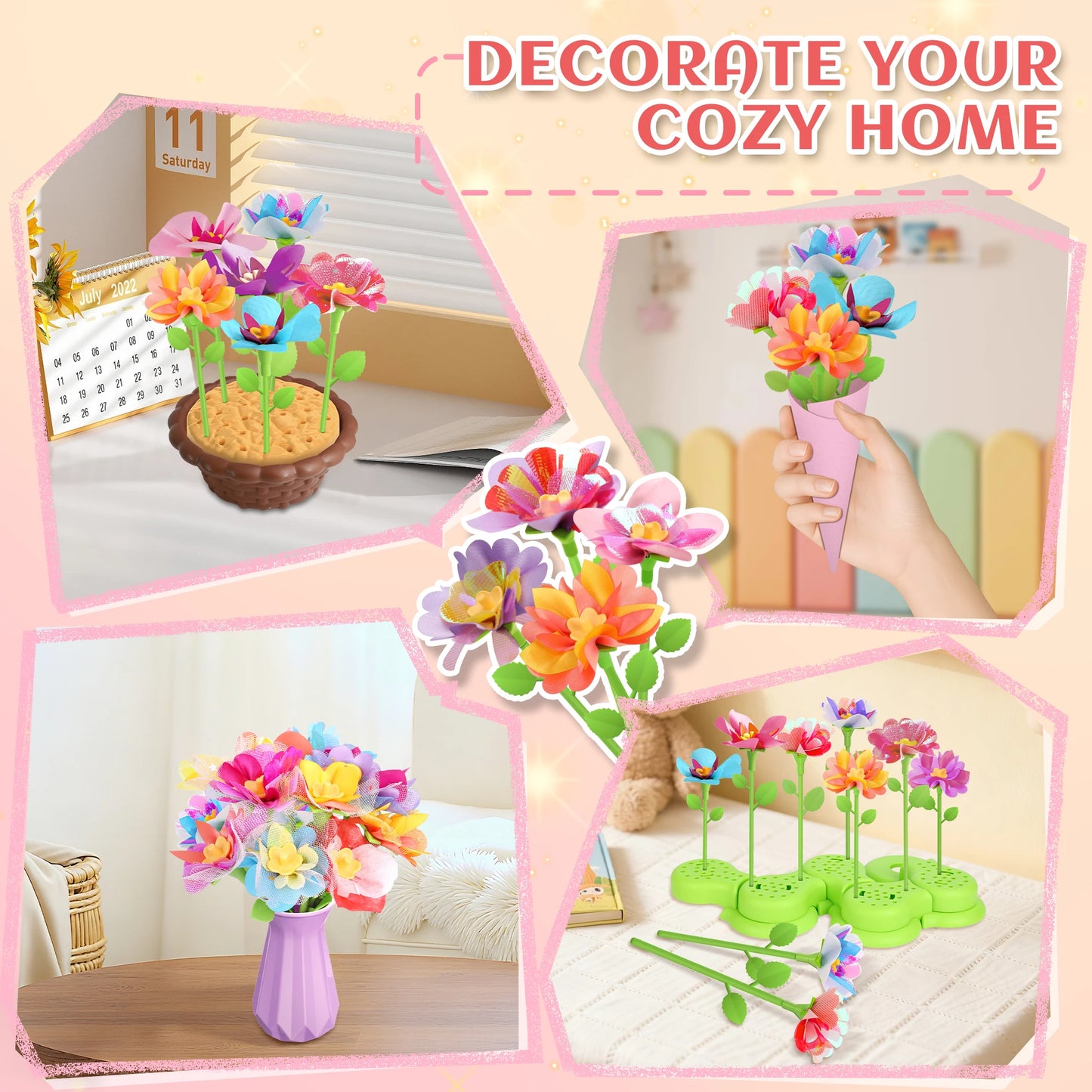 DIY Rose and Butterfly Flowers vase Fabric Flower Bouquet Craft Kit Handmade Girls Toy Birthday Gift Playset decoration