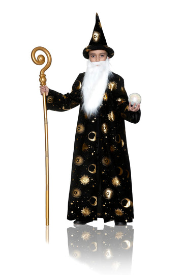 Black Wizard Robe W/ Hat & Beard Child Costume | Medium