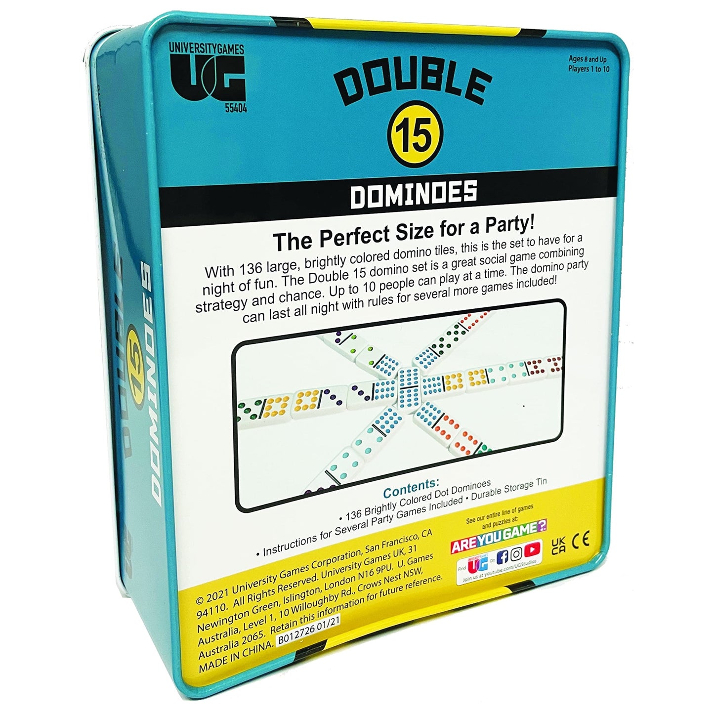 Front Porch Classics, Double 15 Color Dot Dominoes Set On-The-Go Travel Storage Tin, 2 To 12 Players Ages 8 To 99