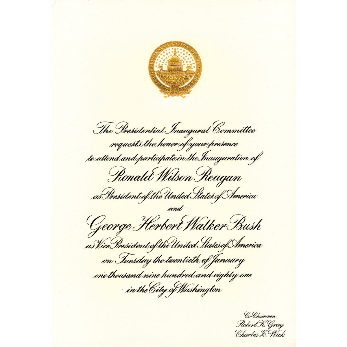 American Coin Treasures Official Ronald Reagan First Presidential Inauguration Invitation