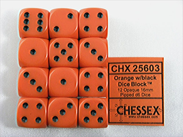 Chessex Manufacturing 25603 Opaque Orange With Black - 16 Mm Six Sided Dice Set Of 12