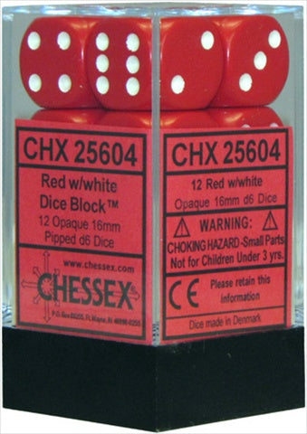 chessex Manufacturing 25604 Opaque Red With White - 16 mm Six Sided Dice Set Of 12
