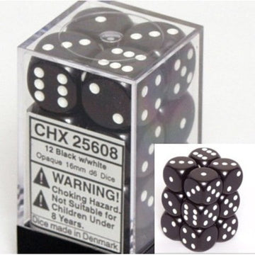 chessex Manufacturing 25608 Opaque Black With White - 16 mm Six Sided Dice Set Of 12