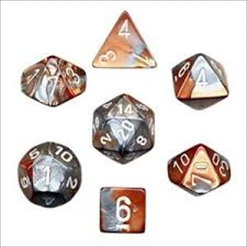 Chessex Manufacturing 26424 Cube Gemini Set Of 7 Dice - Copper & Steel With White Numbering