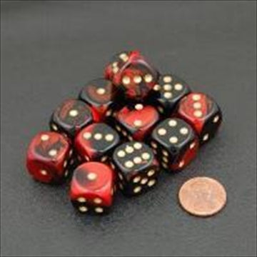 26633 D6 cube gemini Set Of 12 Dice&#44 16 mm - Black & Red With gold Numbering