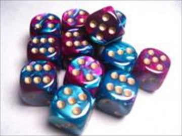 Chessex Manufacturing 26649 D6 Cube Gemini Set Of 12 Dice  16 Mm - Purple & Teal With Gold Numbering